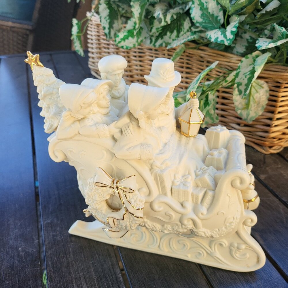 Vintage White with Gold Trim Porcelain Christmas Sleigh with family